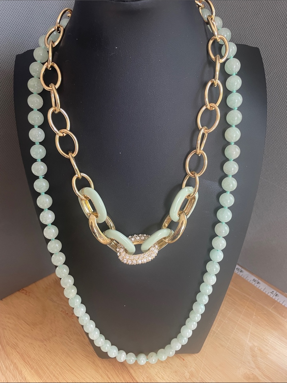 Gold Chain Link Toggle W/ mint and Crystal links Paired with Jadeite Beads